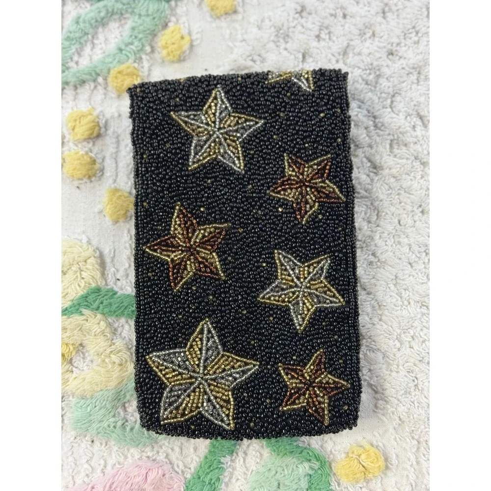 Neiman Marcus Vintage Beaded Star Pouch Black Gold‎ Silver Celestial Phone Case